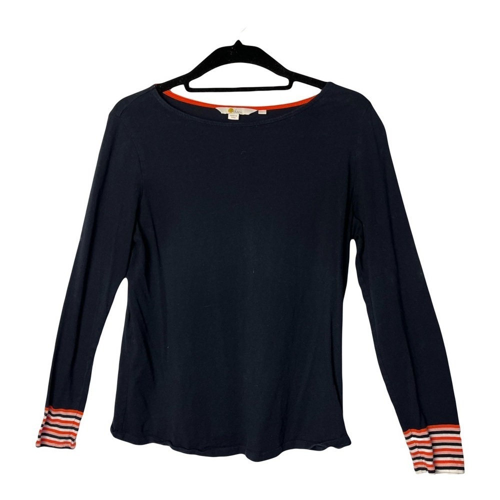 Boden | Navy Blue Striped Cuff Long Sleeve Boat Neck Tee, Small